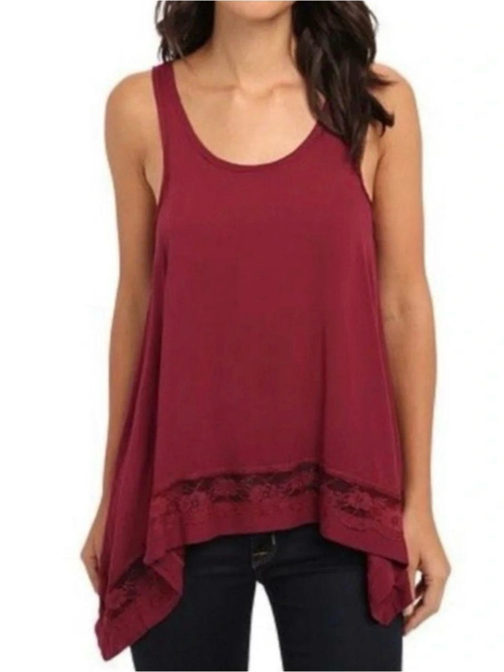 Intimately Free People Red Lace Trim Sharkbite Hem Sleeveless Tunic Tank Top S